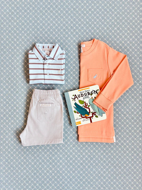 TBBC SS Prim &amp; Proper Polo: Buckhead Blue, Palmetto Pearl &amp; Gray Bay Brown Stripe