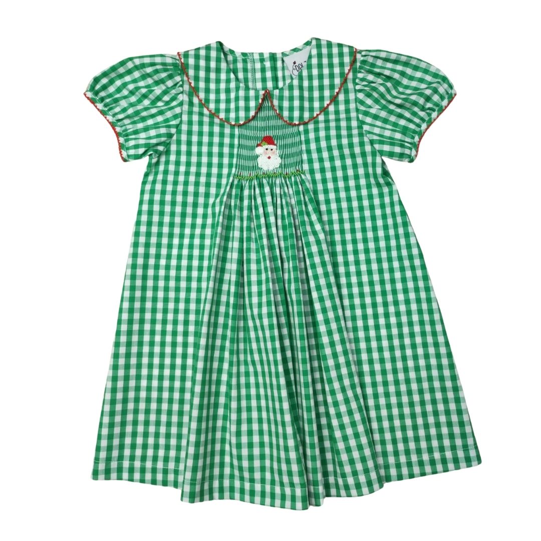 Green/White Gingham Santa Smocked Peter Pan Dress