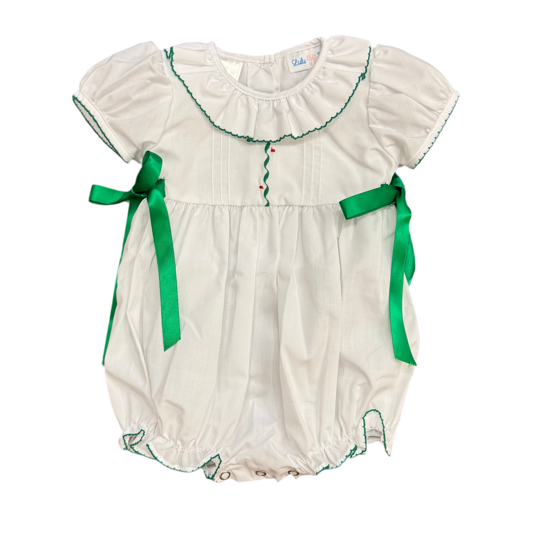 White Christmas Embroidered Bubble with Green Ribbon Side Ties