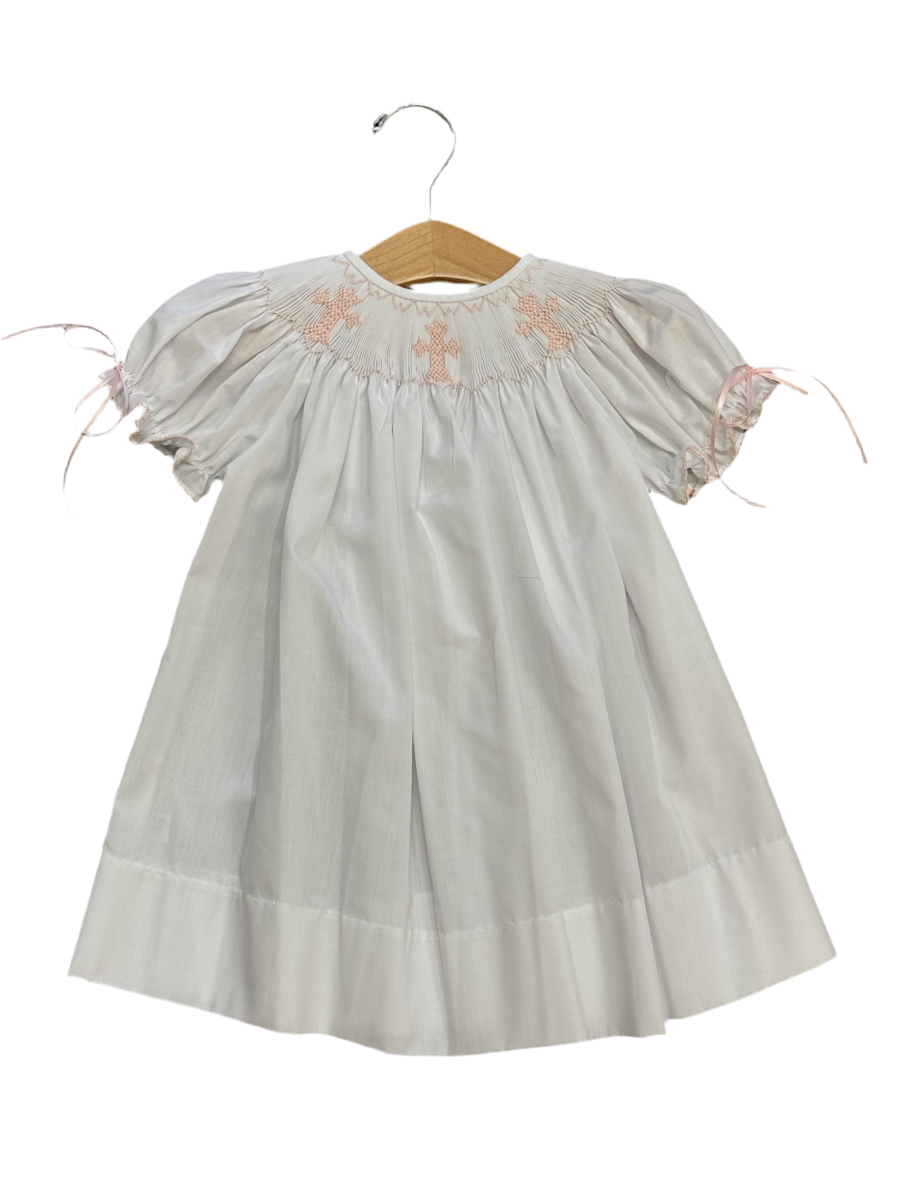 Emma Smocked Bishop Dress: White with Pink Cross Smocking