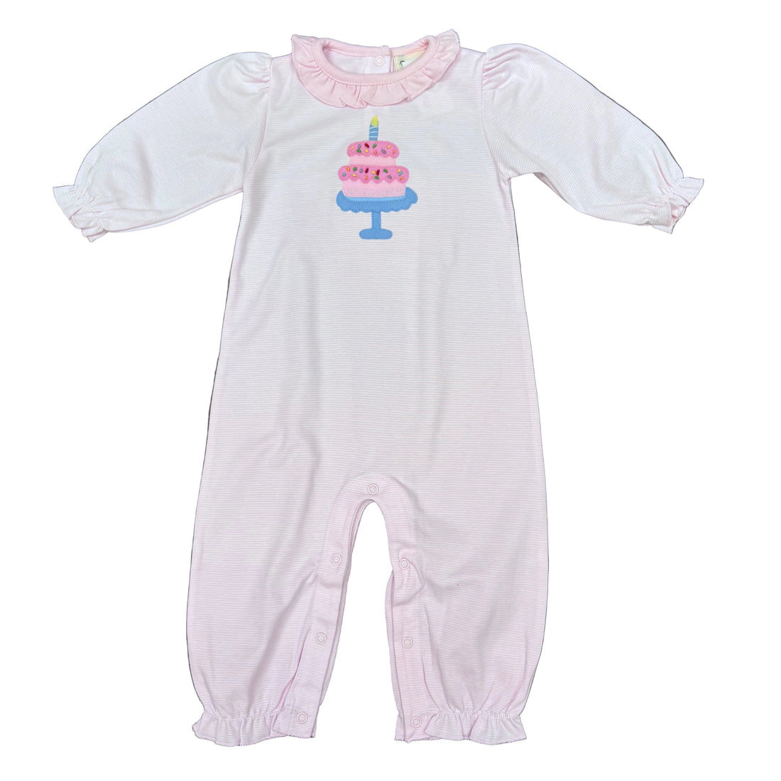 Girls Light Pink Stripe Long Romper with Ruffle Collar &amp; Cake Applique