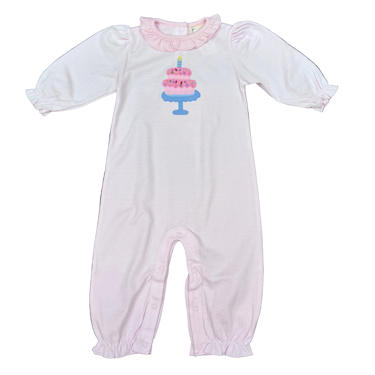 Girls Light Pink Stripe Long Romper with Ruffle Collar &amp; Cake Applique