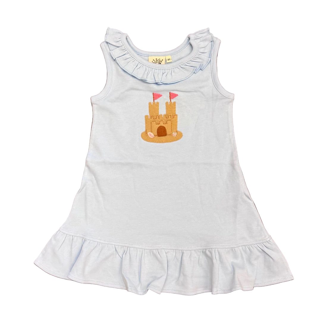 Girls Light Sky Blue Ruffle Sleeveless Dress with Sandcastle Applique
