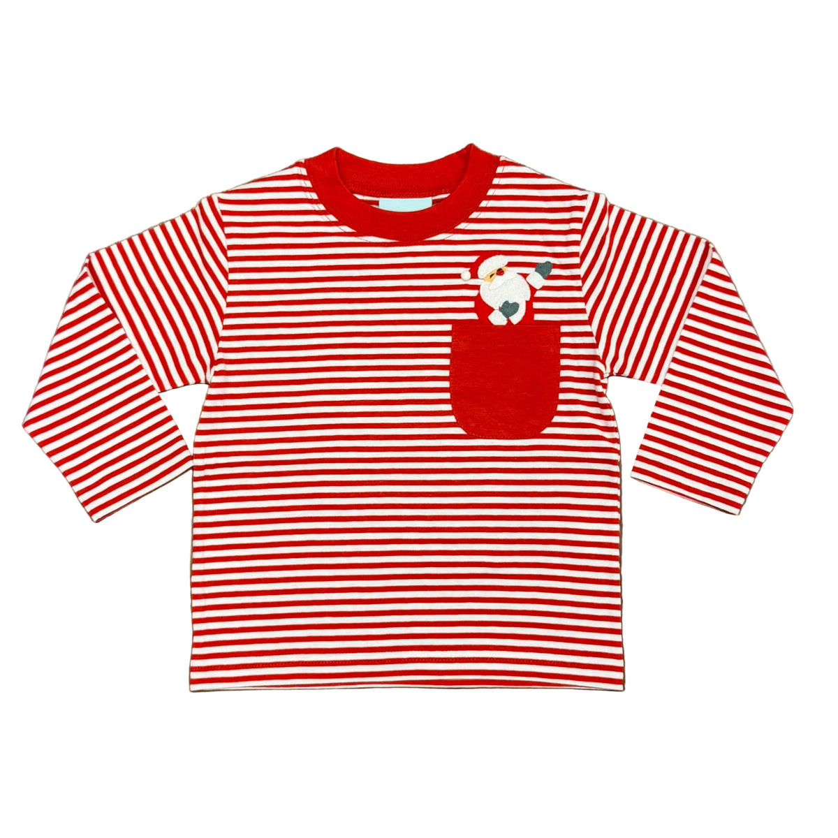 Boys LS Red/White Stripe T-Shirt with Santa Pocket Applique