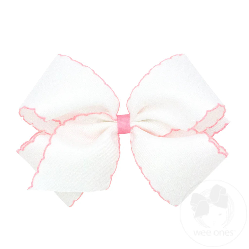 Moonstitch Grosgrain Hair Bow with Contrasting Wrap: White with Light Pink