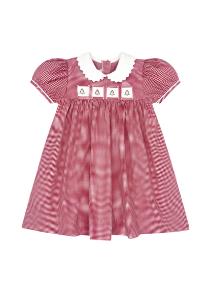 Red Gingham Ruth Ribbon Dress: ABC, Elephant, Christmas Trees, Red/Blue Flowers
