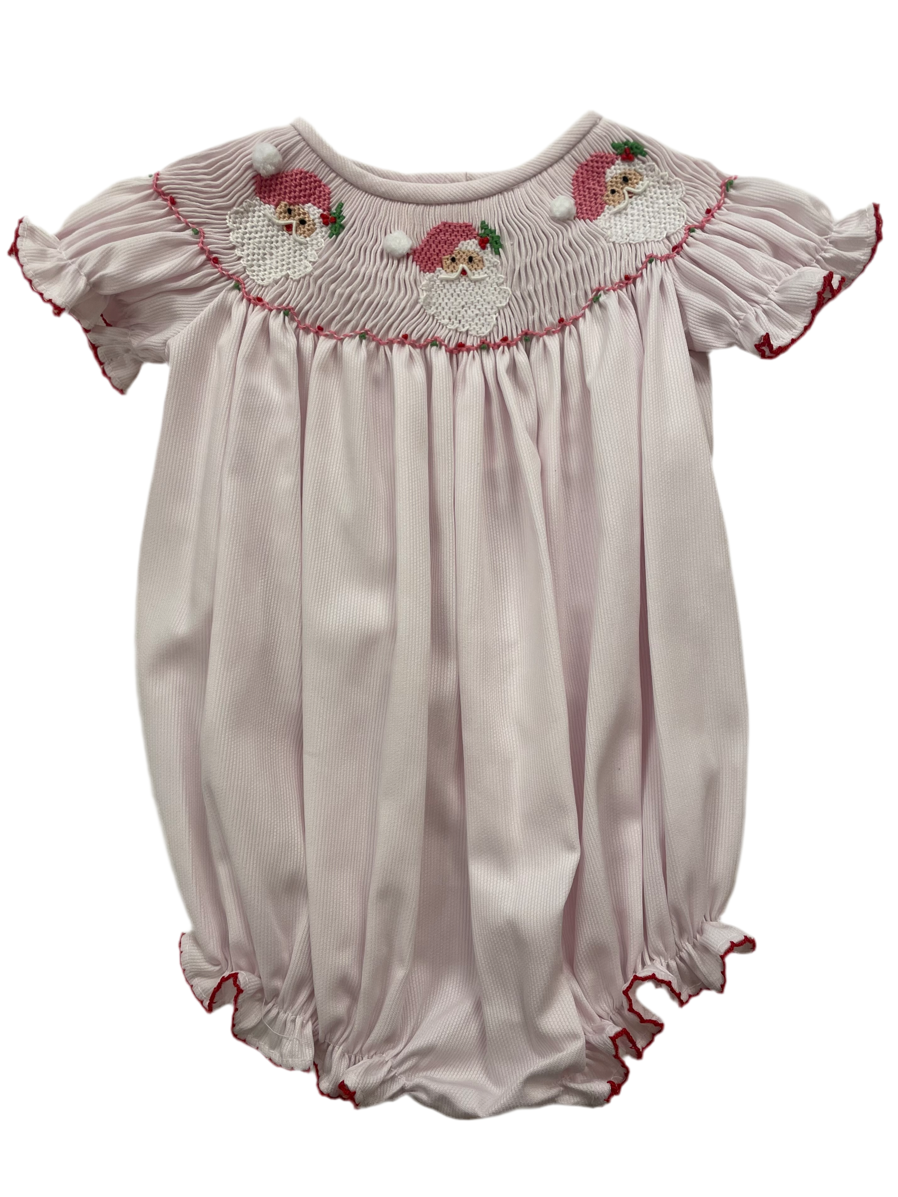 Emmie Smocked Bubble: Light Pink with Pastel Santas