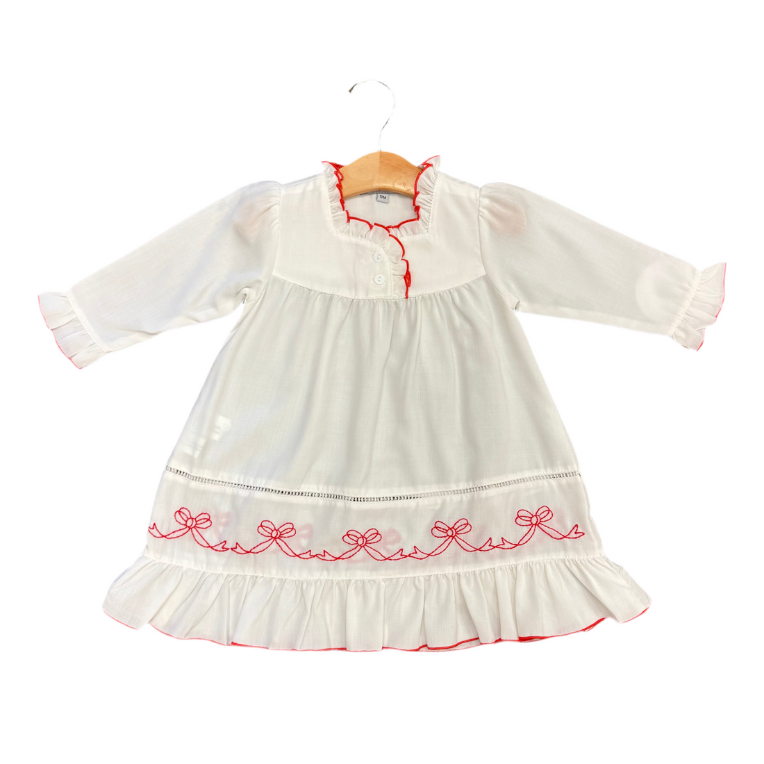 White Night Gown with Red Trim &amp; Embroidered Bows
