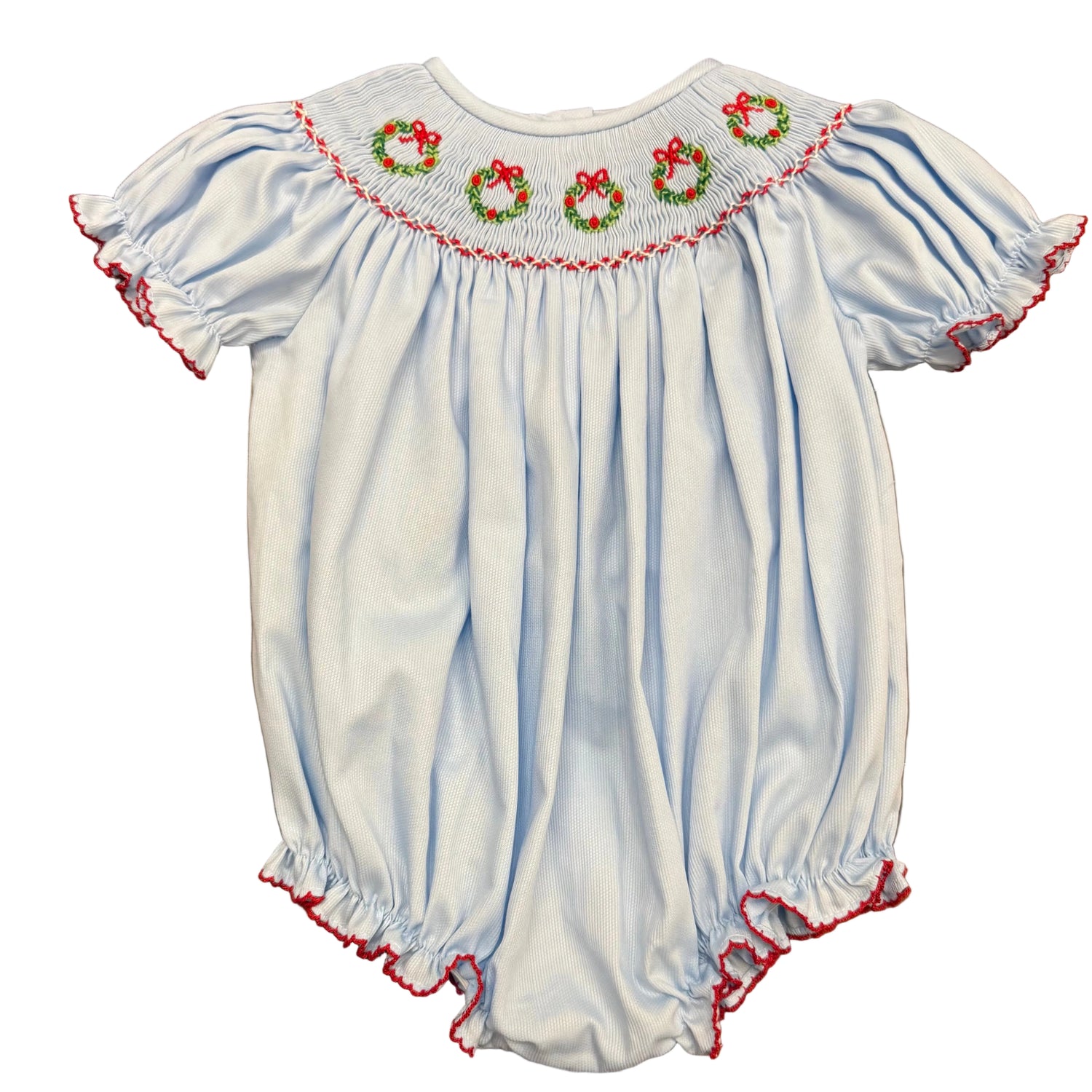Light Blue Christmas Wreath Smocked Bishop Bubble