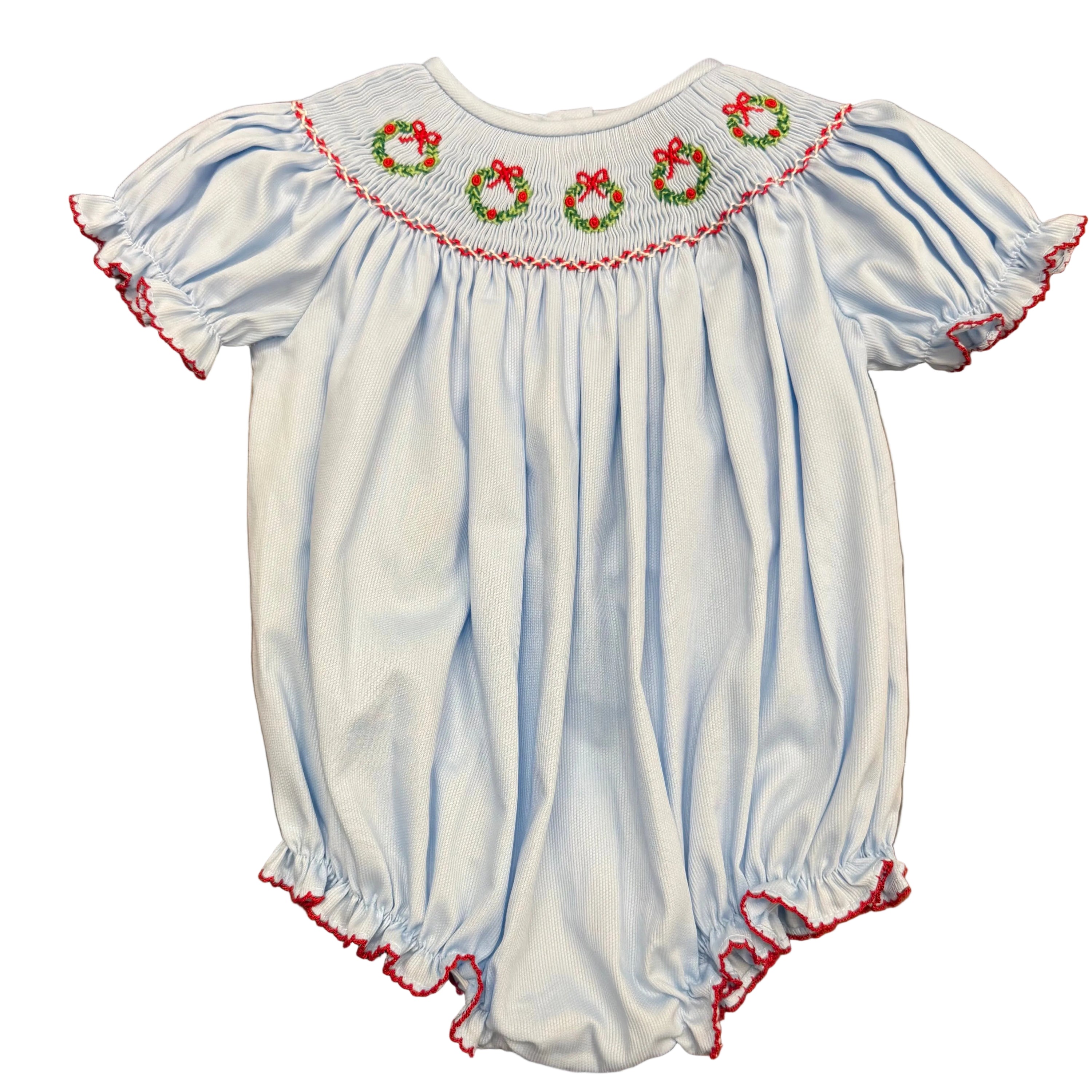 Light Blue Christmas Wreath Smocked Bishop Bubble