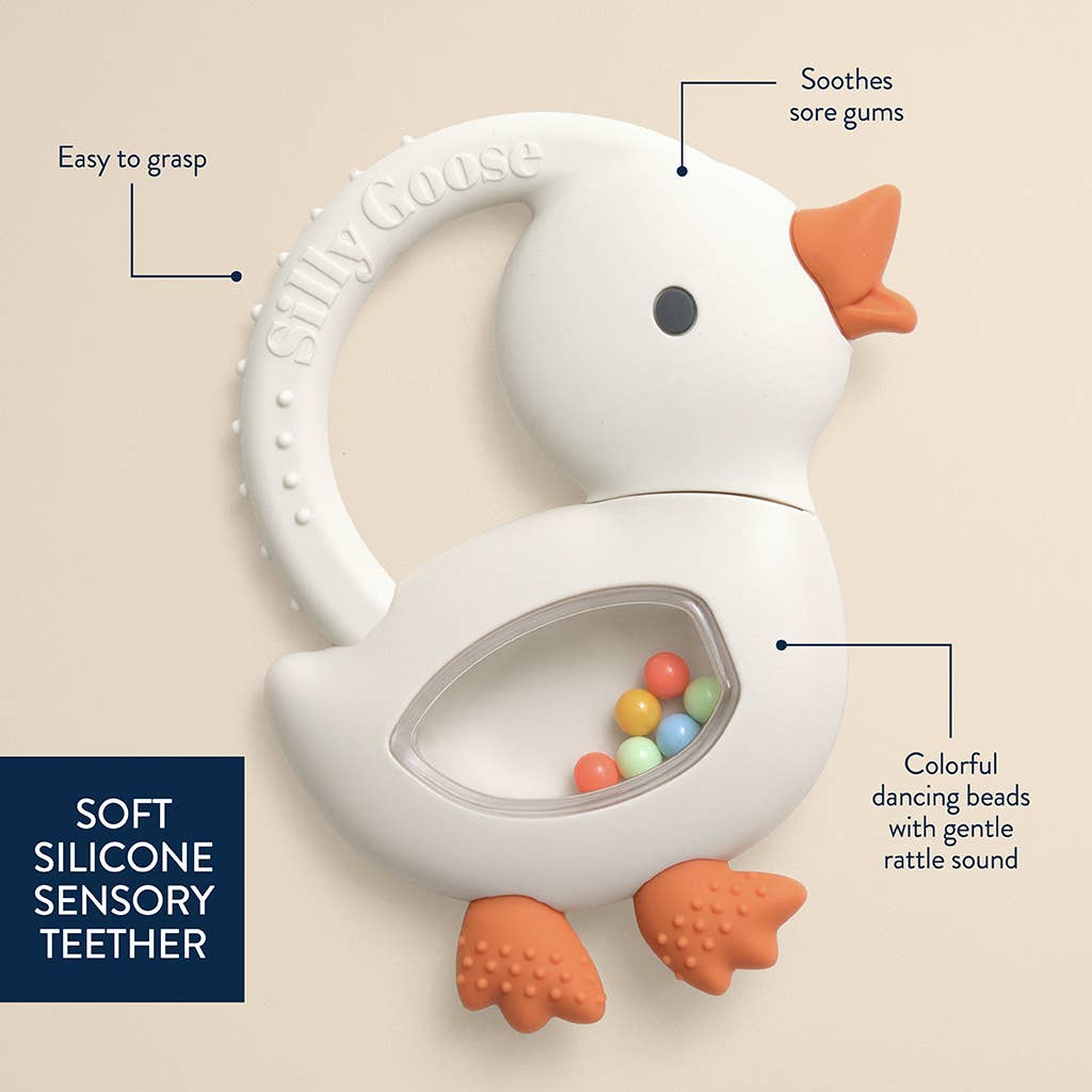 Bitzy Shake™ Silicone Teether with Rattle: Goose
