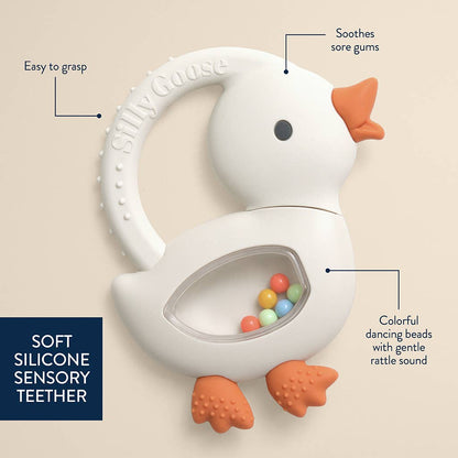 Bitzy Shake™ Silicone Teether with Rattle: Goose