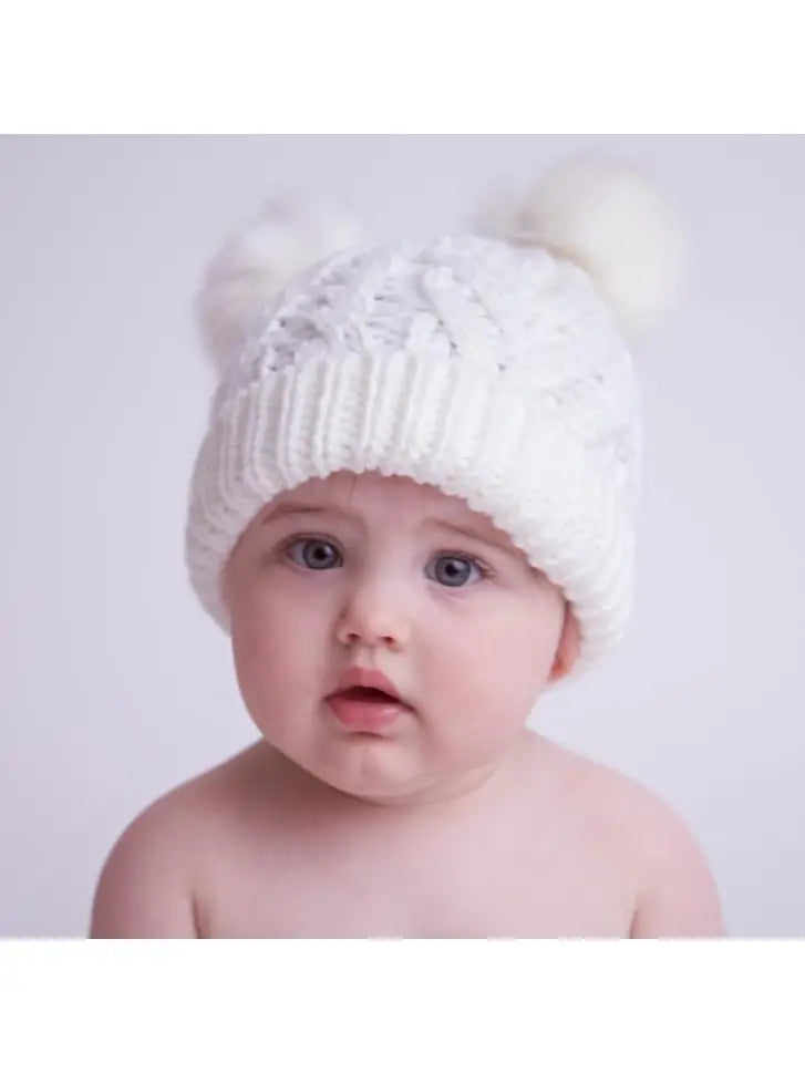 Huggalugs Fluffer Cable Knit Hat w/2 PomPoms - Winter White