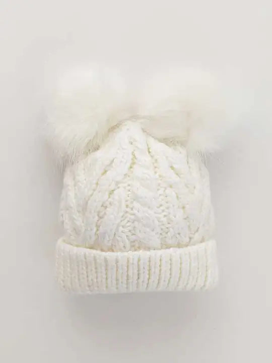 Huggalugs Fluffer Cable Knit Hat w/2 PomPoms - Winter White