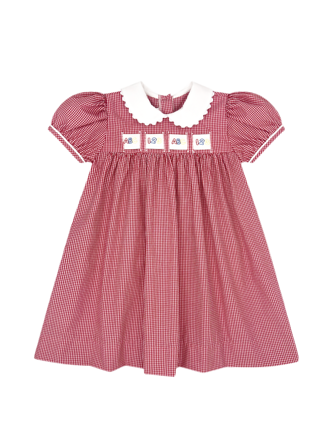 Red Gingham Ruth Ribbon Dress: ABC, Elephant, Christmas Trees, Red/Blue Flowers
