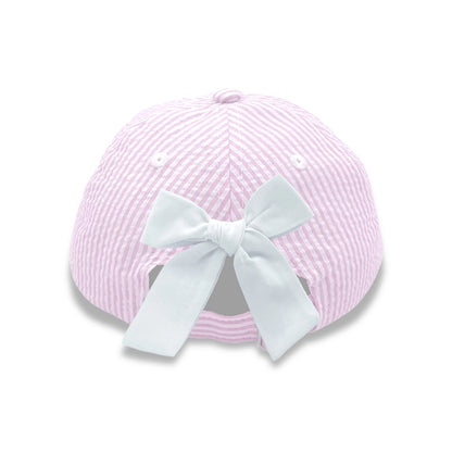 Bunny Bow Baseball Hat: Pink Seersucker