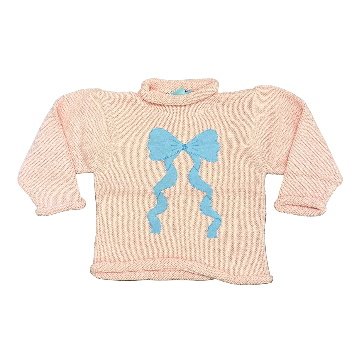 Light Pink Roll Neck Sweater with Blue Bow Applique