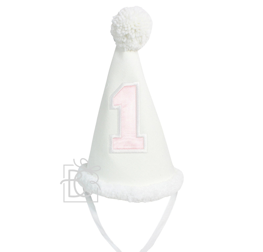 Linen &quot;1&quot; Birthday Hat: White with Light Pink