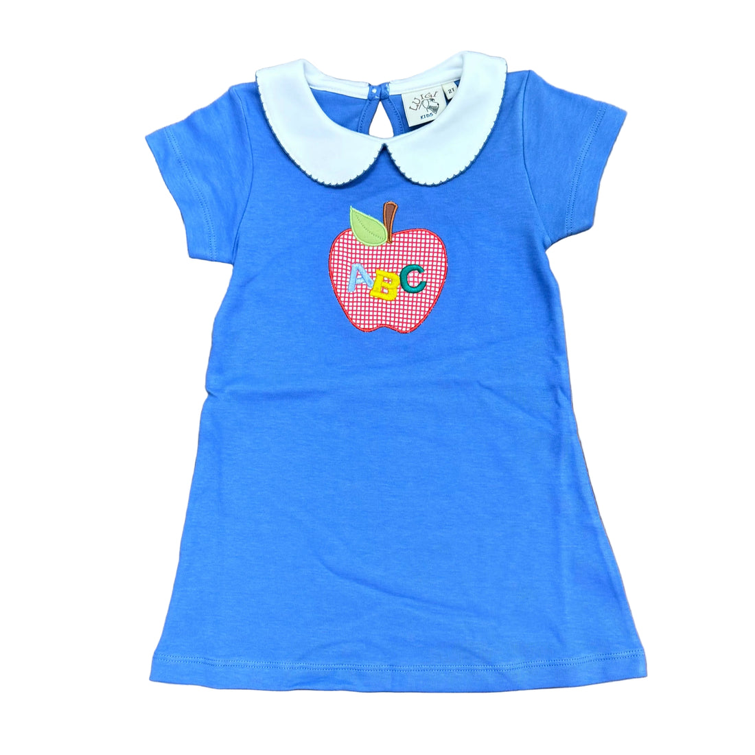 Girls Dark Chambray A-Line Peter Pan Dress with ABC Apple Applique