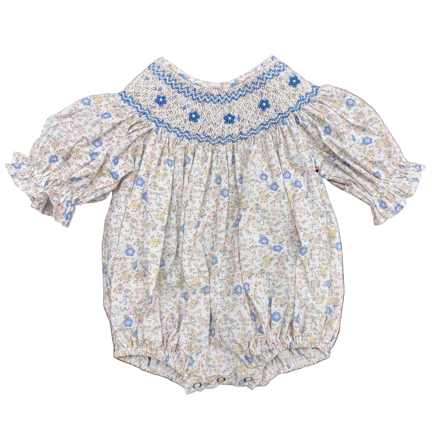 Ashley Blue/Yellow Bow Floral Smocked Bubble