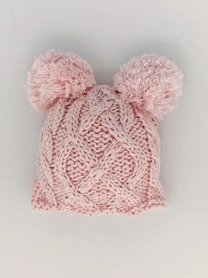 Huggalugs Newborn Aran Double Pom Beanie Hat - Pink