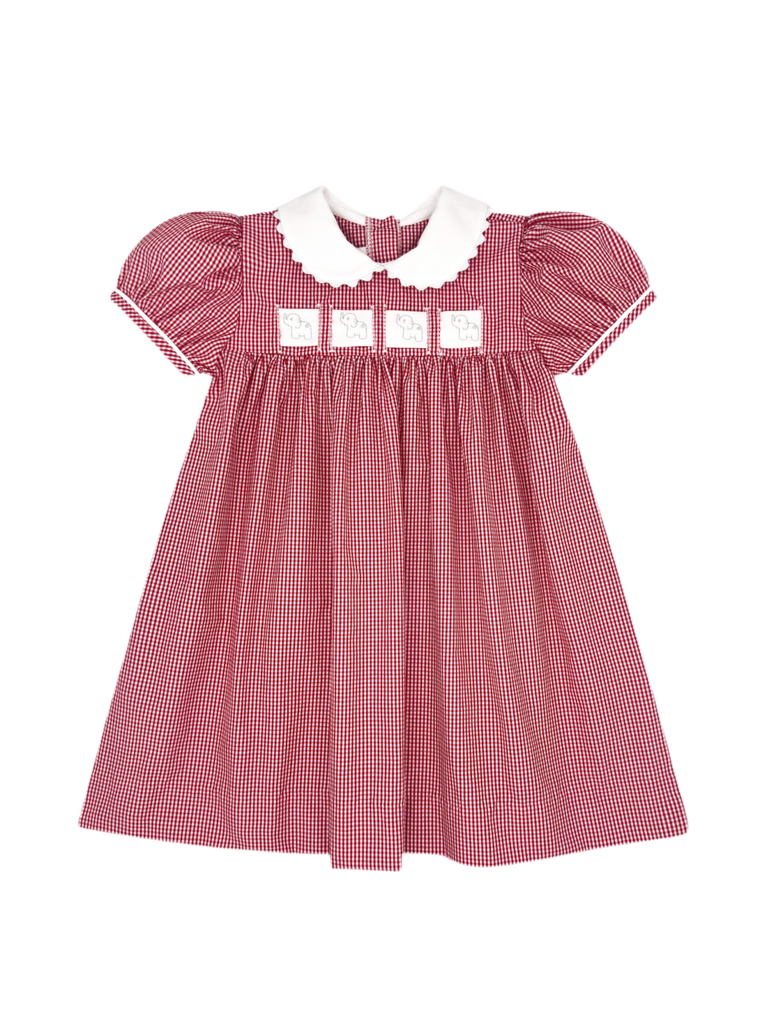 Red Gingham Ruth Ribbon Dress: ABC, Elephant, Christmas Trees, Red/Blue Flowers