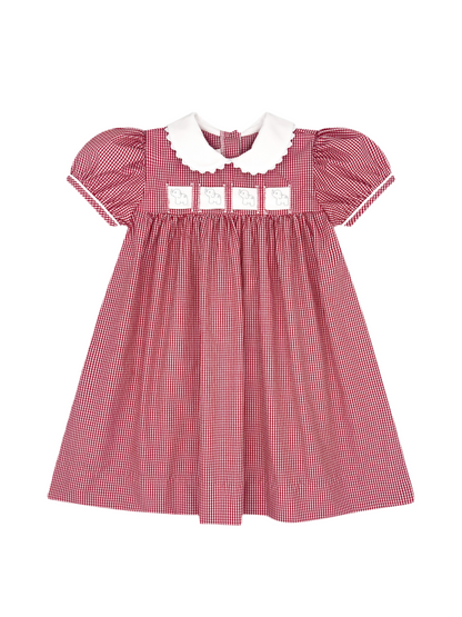 Red Gingham Ruth Ribbon Dress: ABC, Elephant, Christmas Trees, Red/Blue Flowers