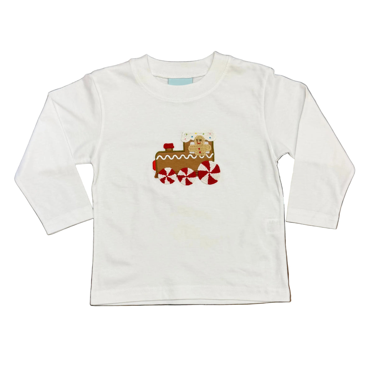 LS White T-Shirt with Gingerbread Train Applique