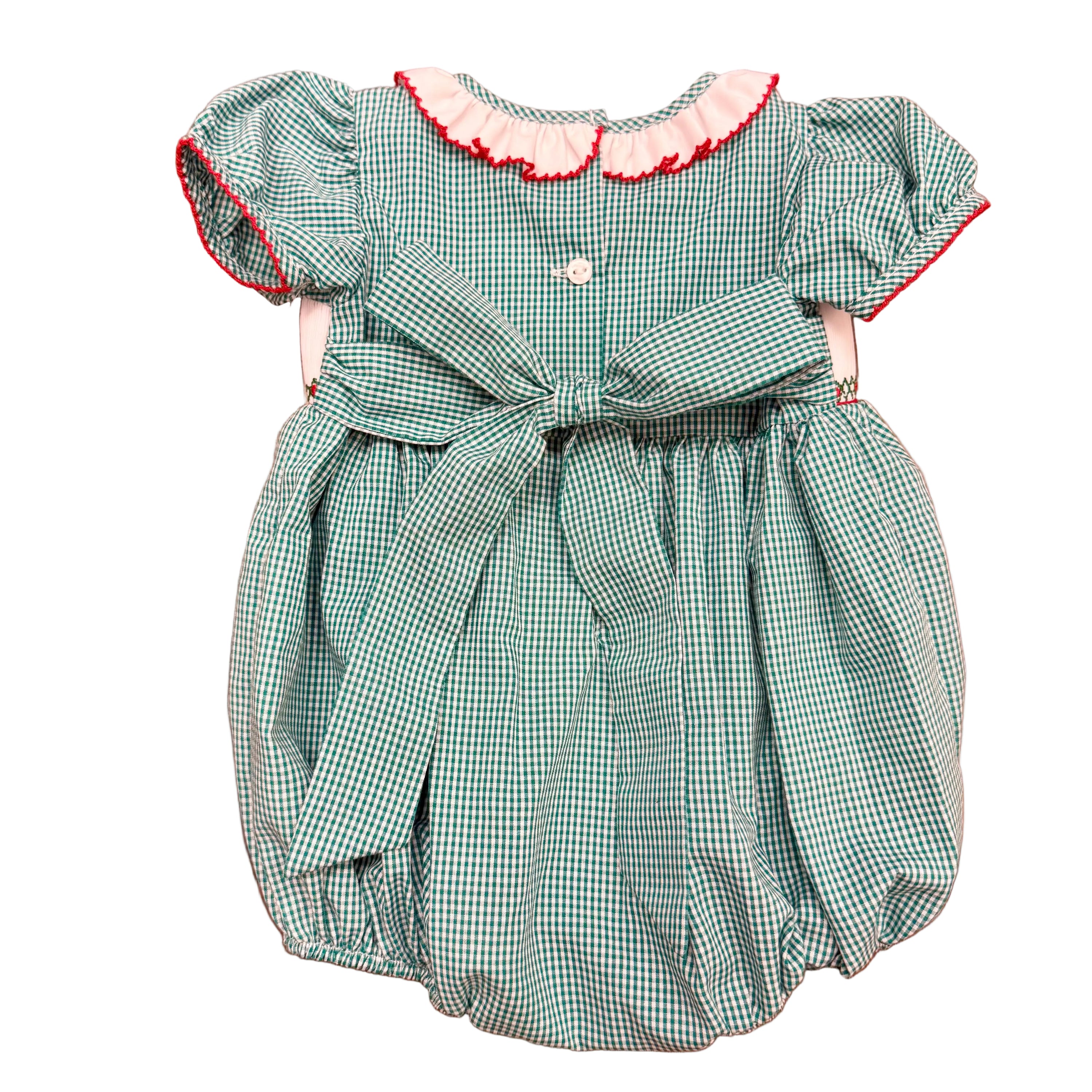 Green Gingham Santa Smock-Waist Bubble with Ruffle Collar