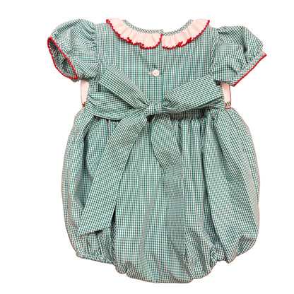 Green Gingham Santa Smock-Waist Bubble with Ruffle Collar