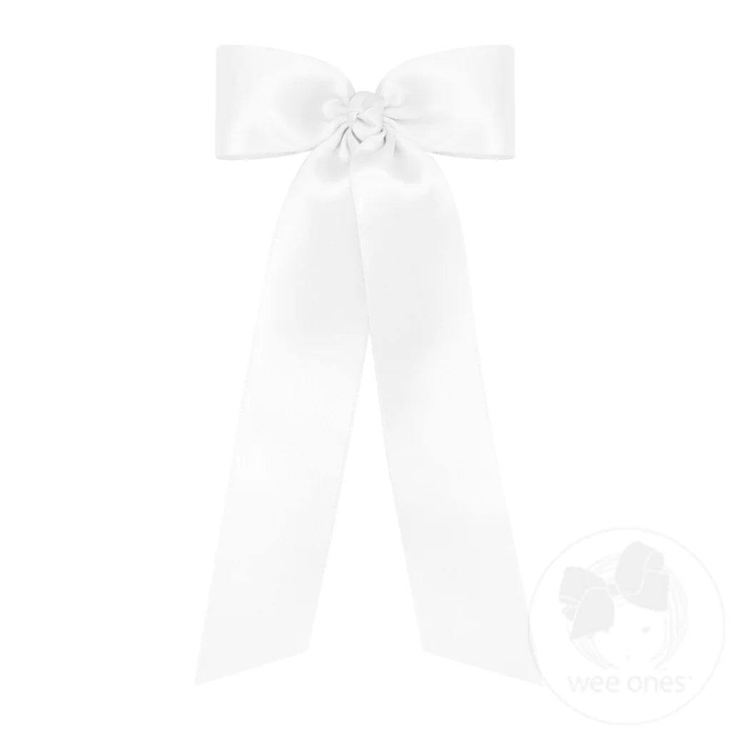 Medium French Satin Hair Bowtie with Knot Wrap and Streamer Tails: White