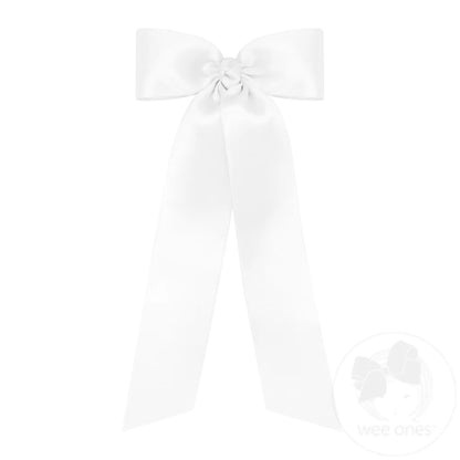 Medium French Satin Hair Bowtie with Knot Wrap and Streamer Tails: White