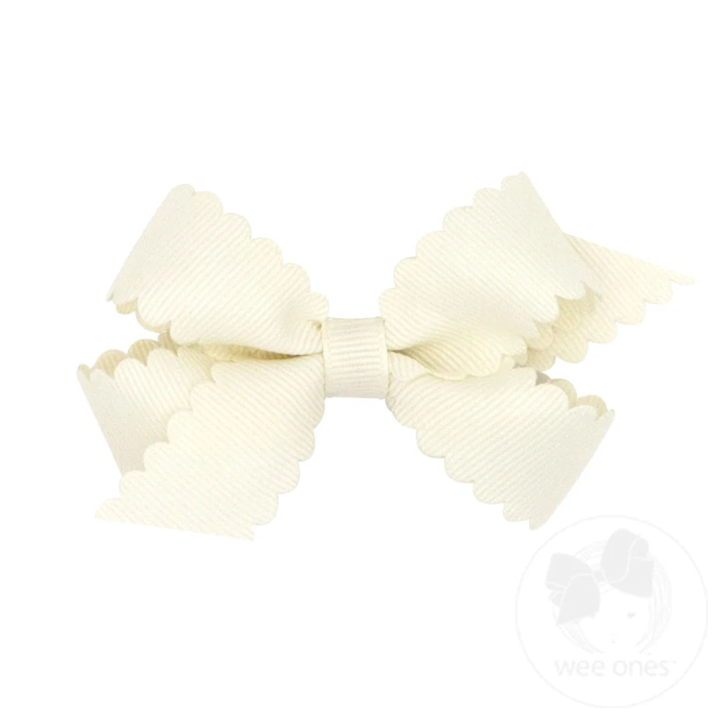 Grosgrain Hair Bow with Scalloped Edge: Antique White