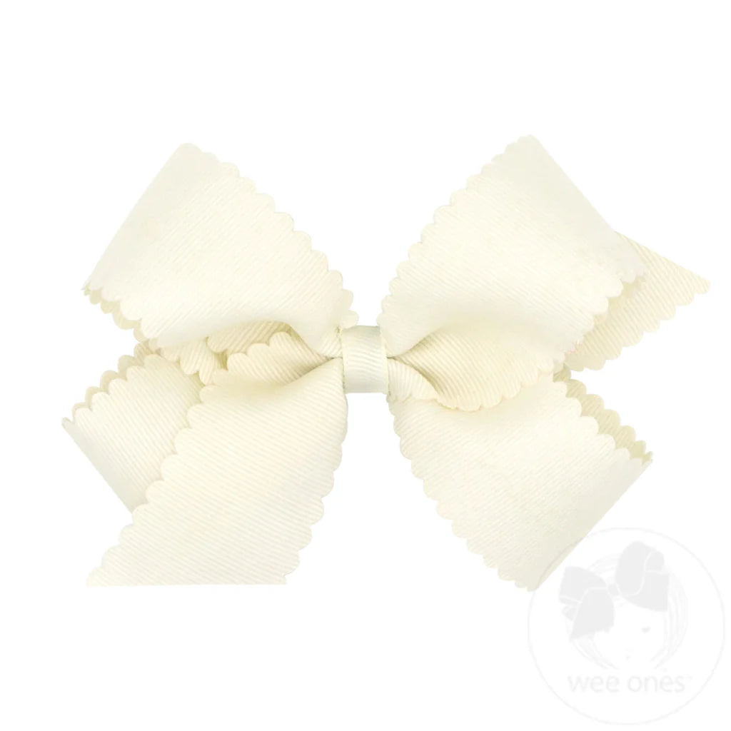 Grosgrain Hair Bow with Scalloped Edge: Antique White