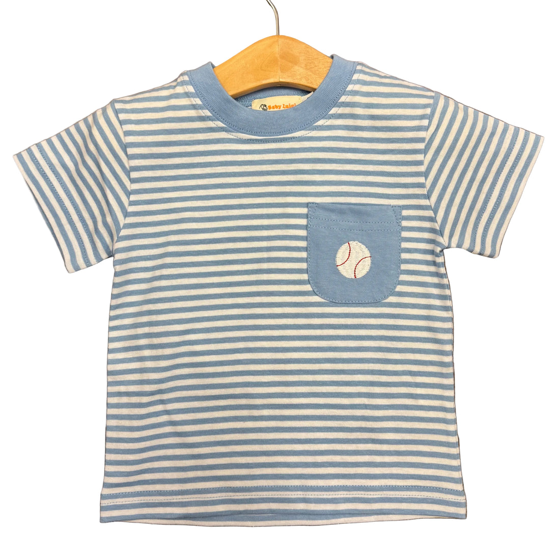 Light Blue Stripe SS T-Shirt with Baseball Embroidered Pocket