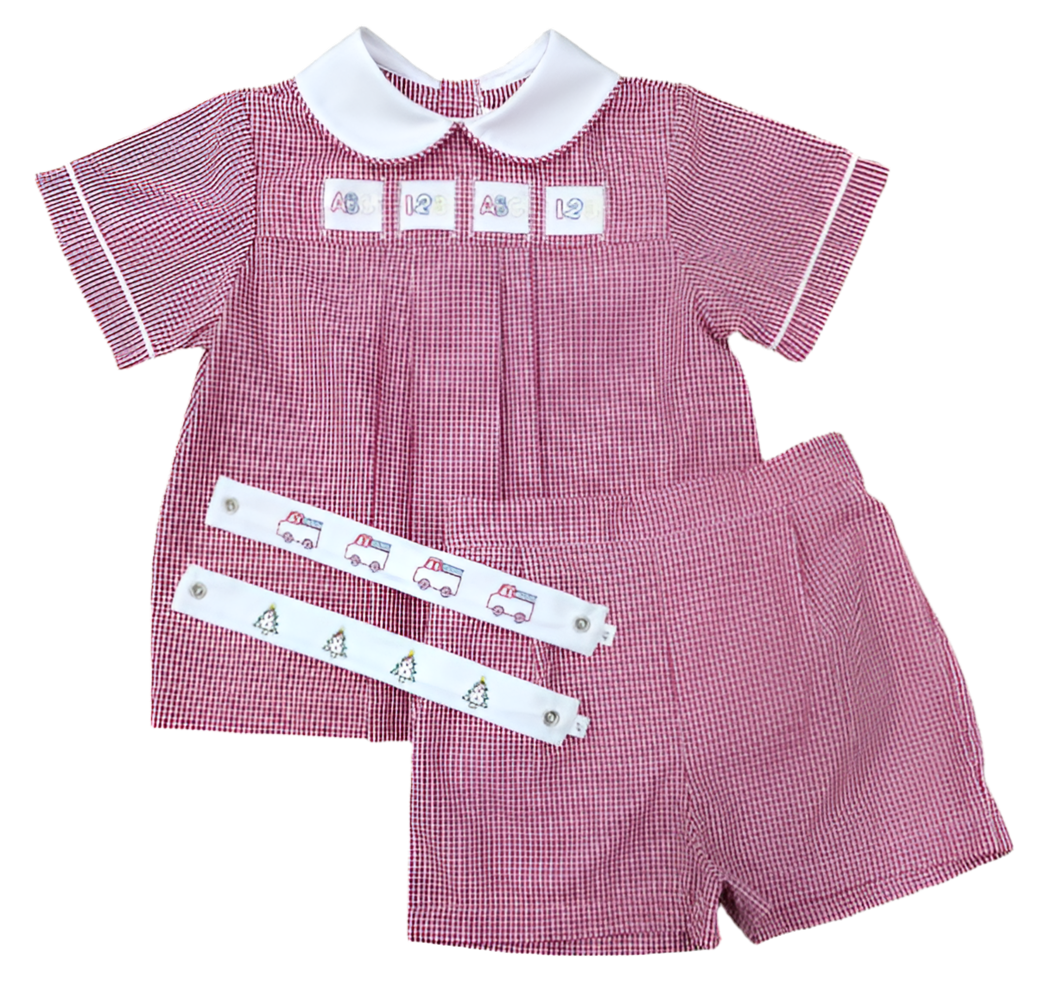 Red Gingham Noah Short Set: ABC, Fire Truck, Christmas Trees