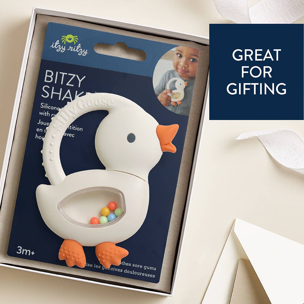 Bitzy Shake™ Silicone Teether with Rattle: Goose
