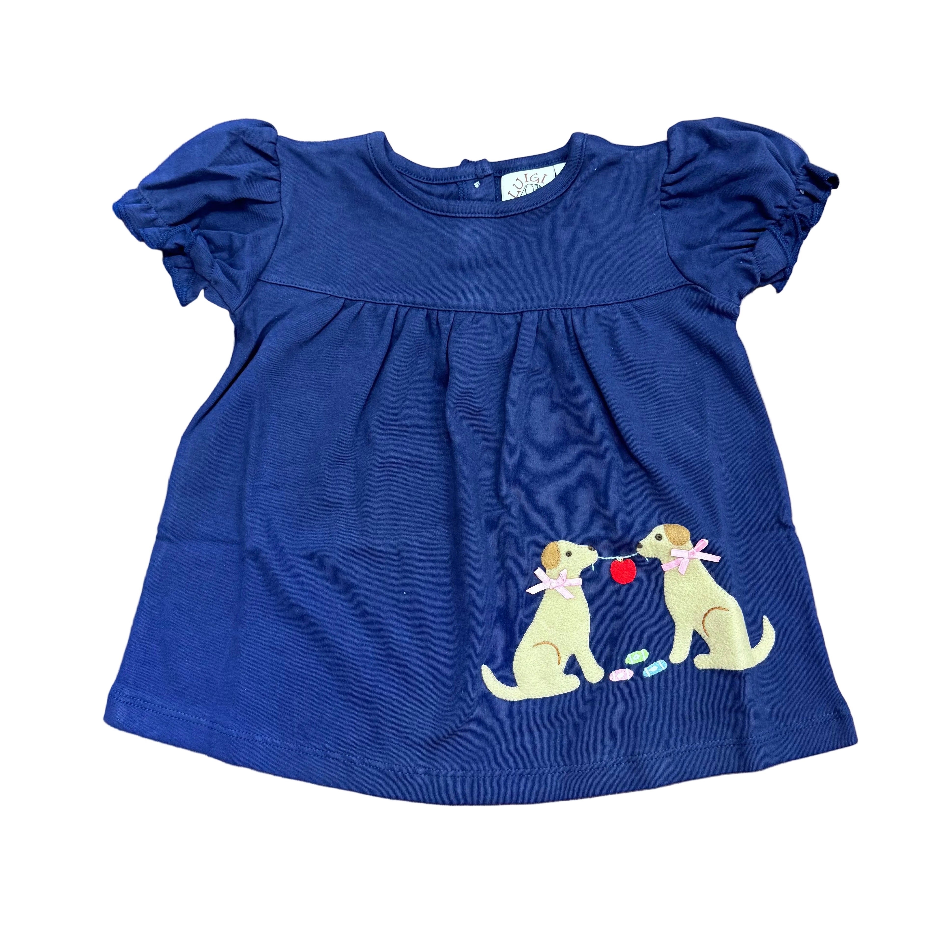Girls Navy Puff Sleeve Blouse with Lab/School Supplies Applique