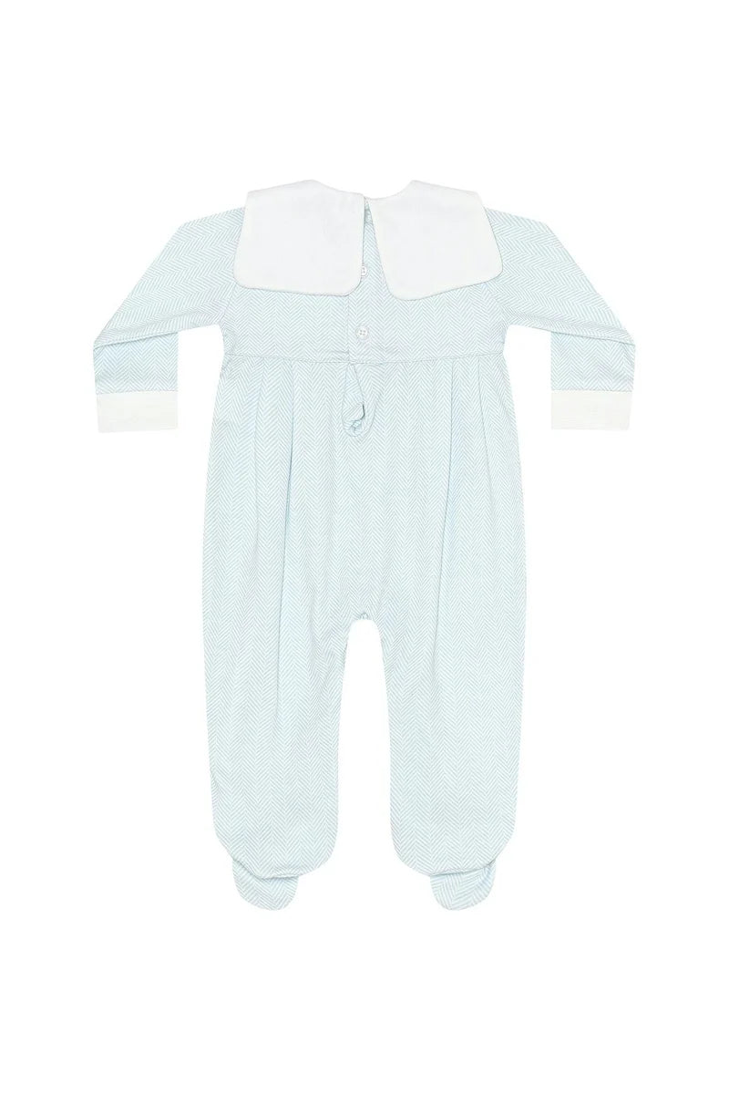 Blue Herringbone Embroidered Footie