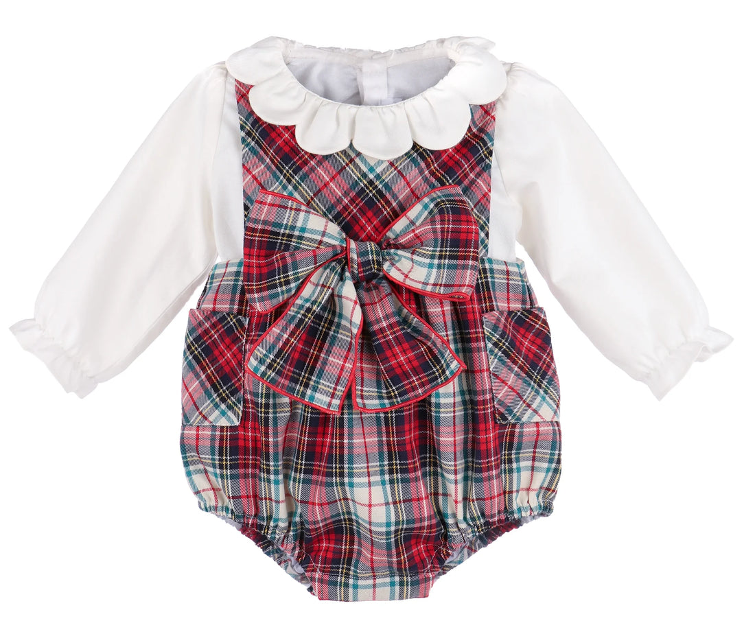 Gingerbread Plaid Bow Overall