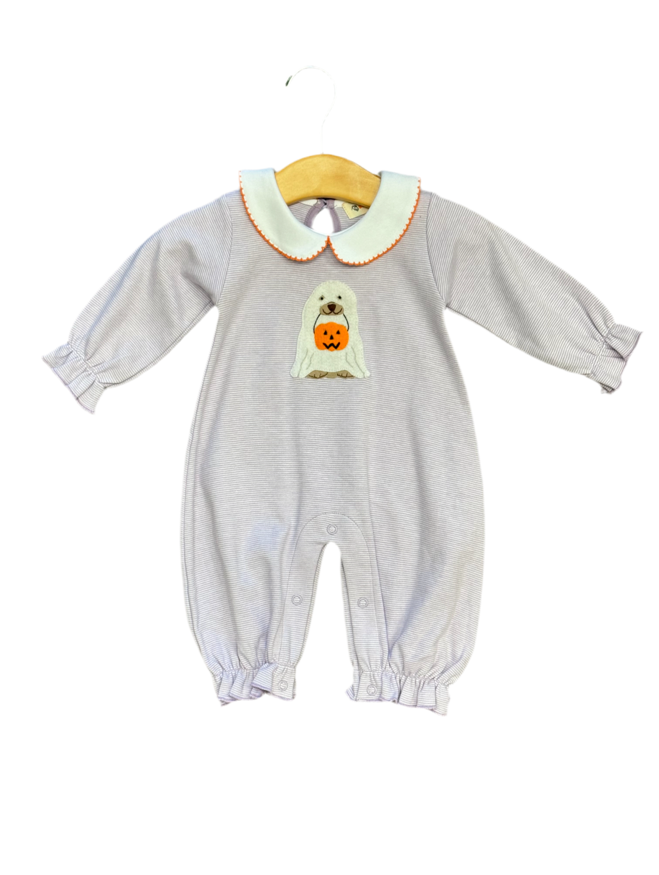 Luigi Baby Girl Romper: Lavender/White Stripe with Dog Ghost