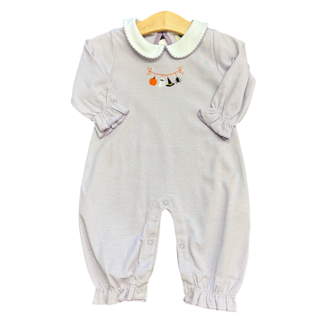 Lavender/White stripe Peter Pan Long Romper with Halloween Embroidery
