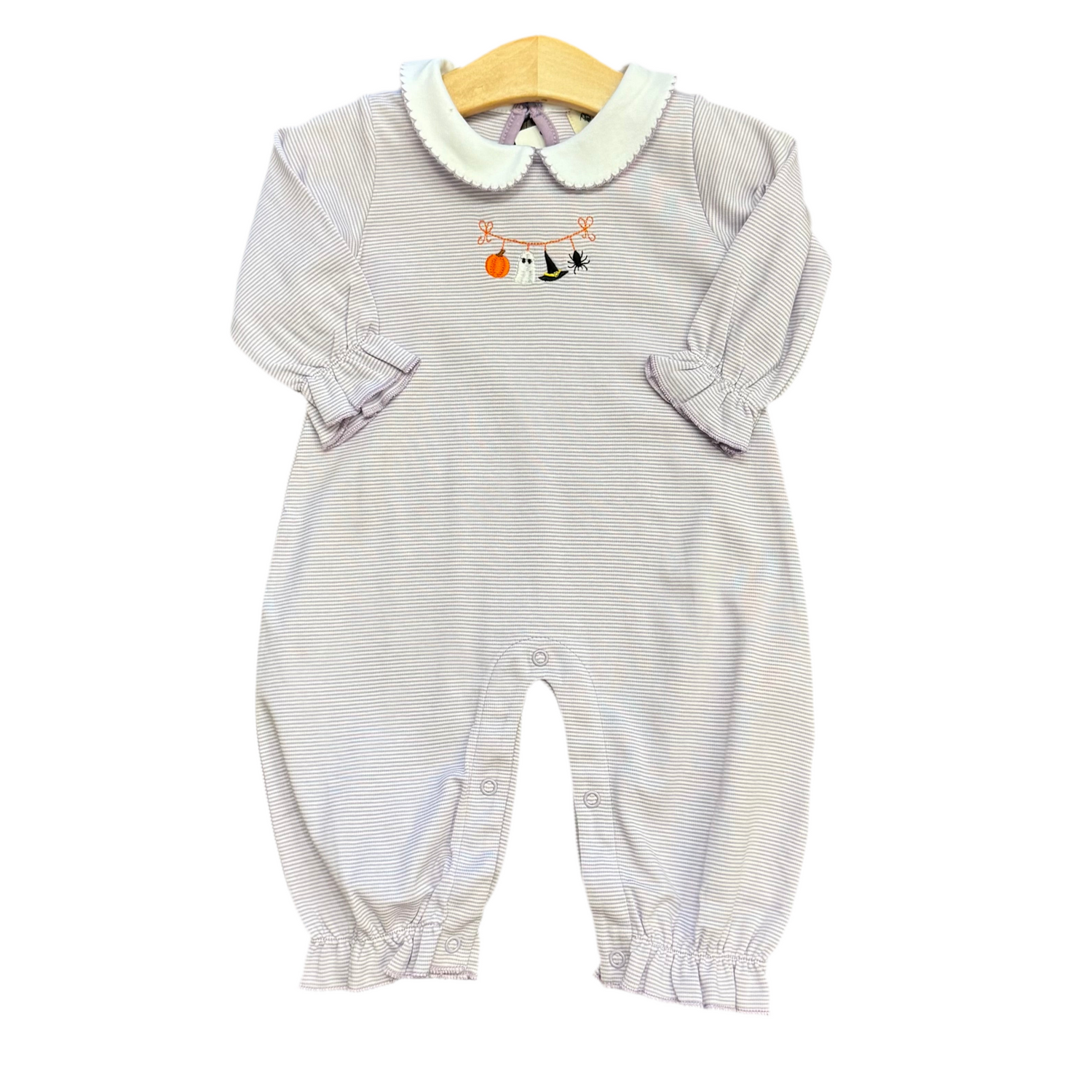 Lavender/White stripe Peter Pan Long Romper with Halloween Embroidery