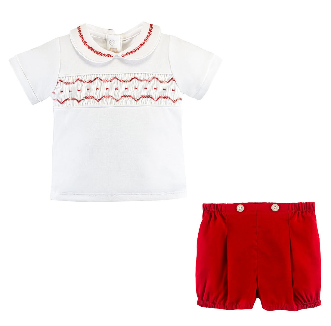 Smocked Collared Shirt with Red Shorts Set