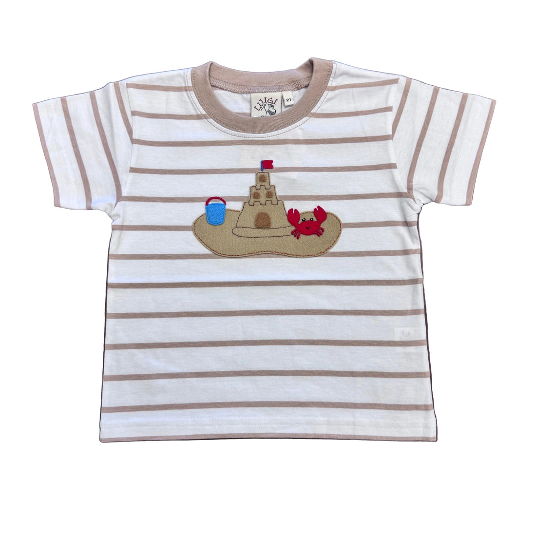 Boys Sand Stripe SS T-Shirt with Sandcastle/Crab Applique
