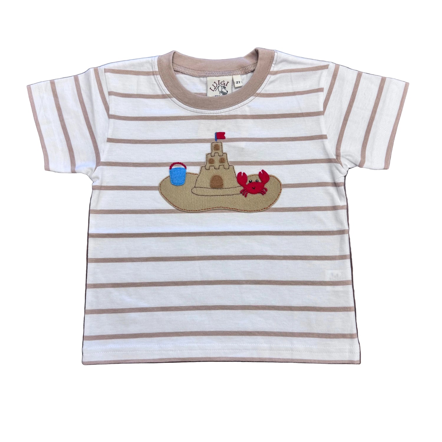 Boys Sand Stripe SS T-Shirt with Sandcastle/Crab Applique