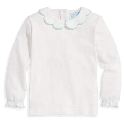 LS Pima Scallop Collar Tee: Ivory with Ice Blue