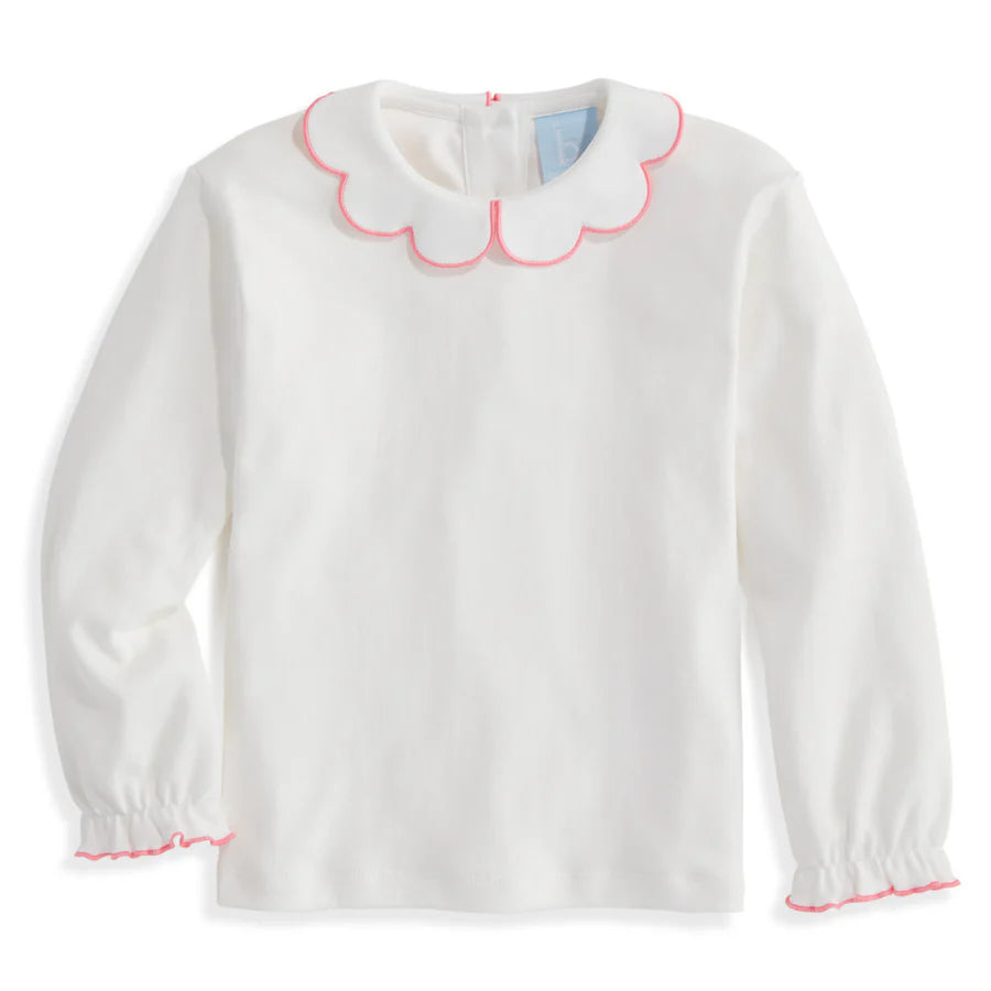 LS Pima Scallop Collar Tee: Ivory with Flamingo