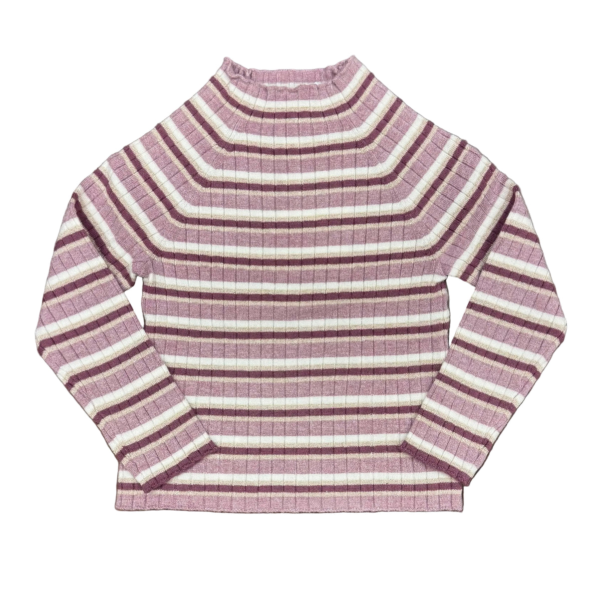 LS Knit Mock Neck Sweater: Plum/Gold/Ivory Stripe