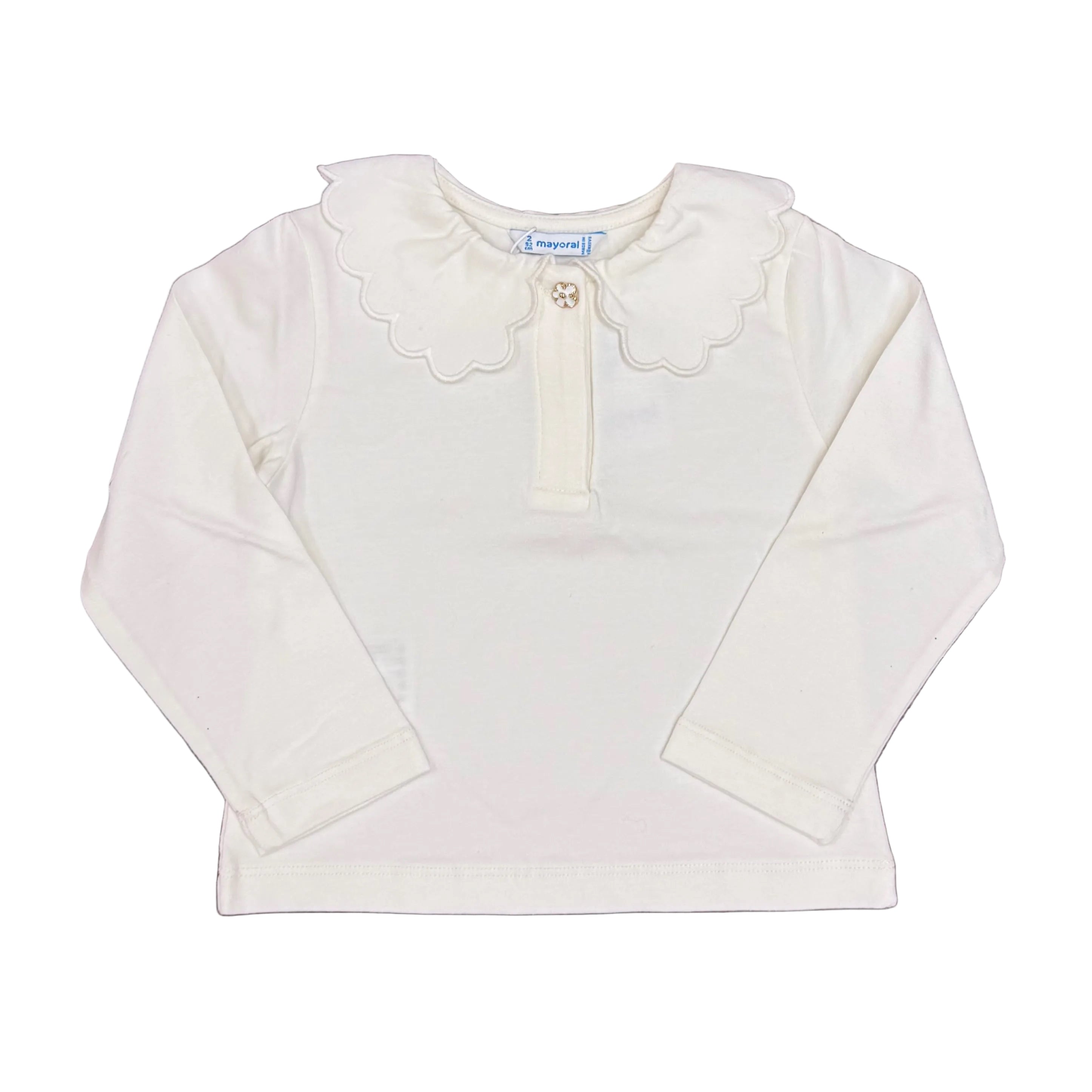 Girls Scallop Collar LS Shirt: Ivory